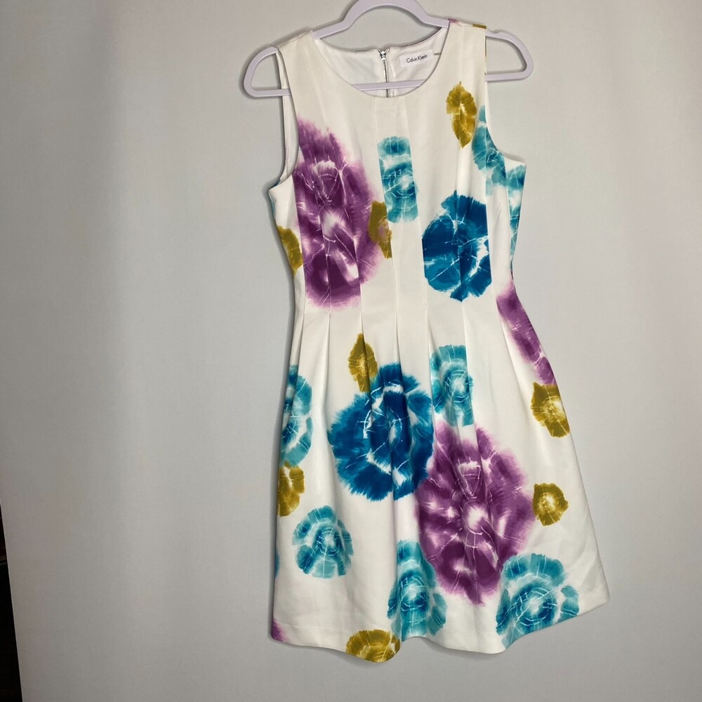 Calvin Klein Dress Scuba Blue Purple Gold Tie-Dye Watercolor Print Size M
